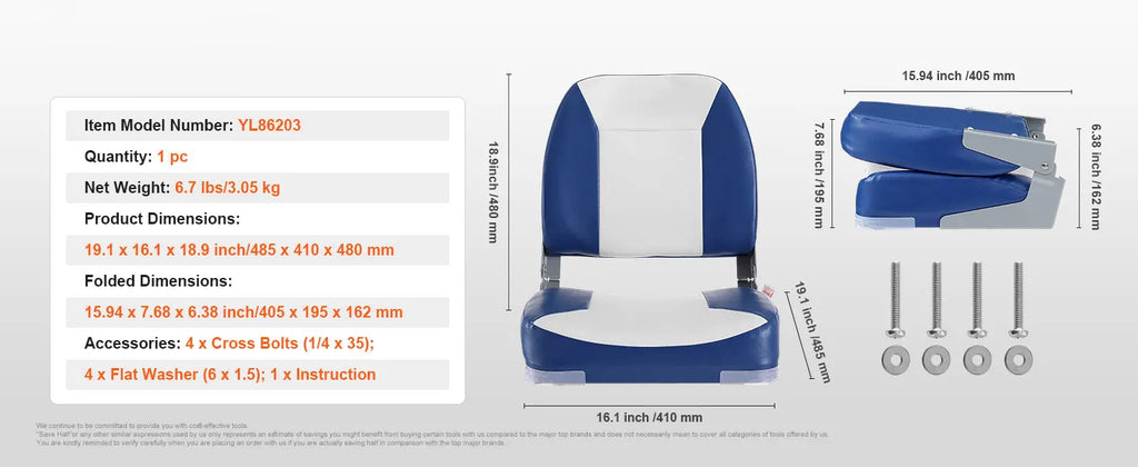 SucceBuy Boat Seat 18.9" Low Back Boat SeatFolding Boat Chair with Thickened Sponge Padding & Hinge Fold-Down Boat Captain Chair
