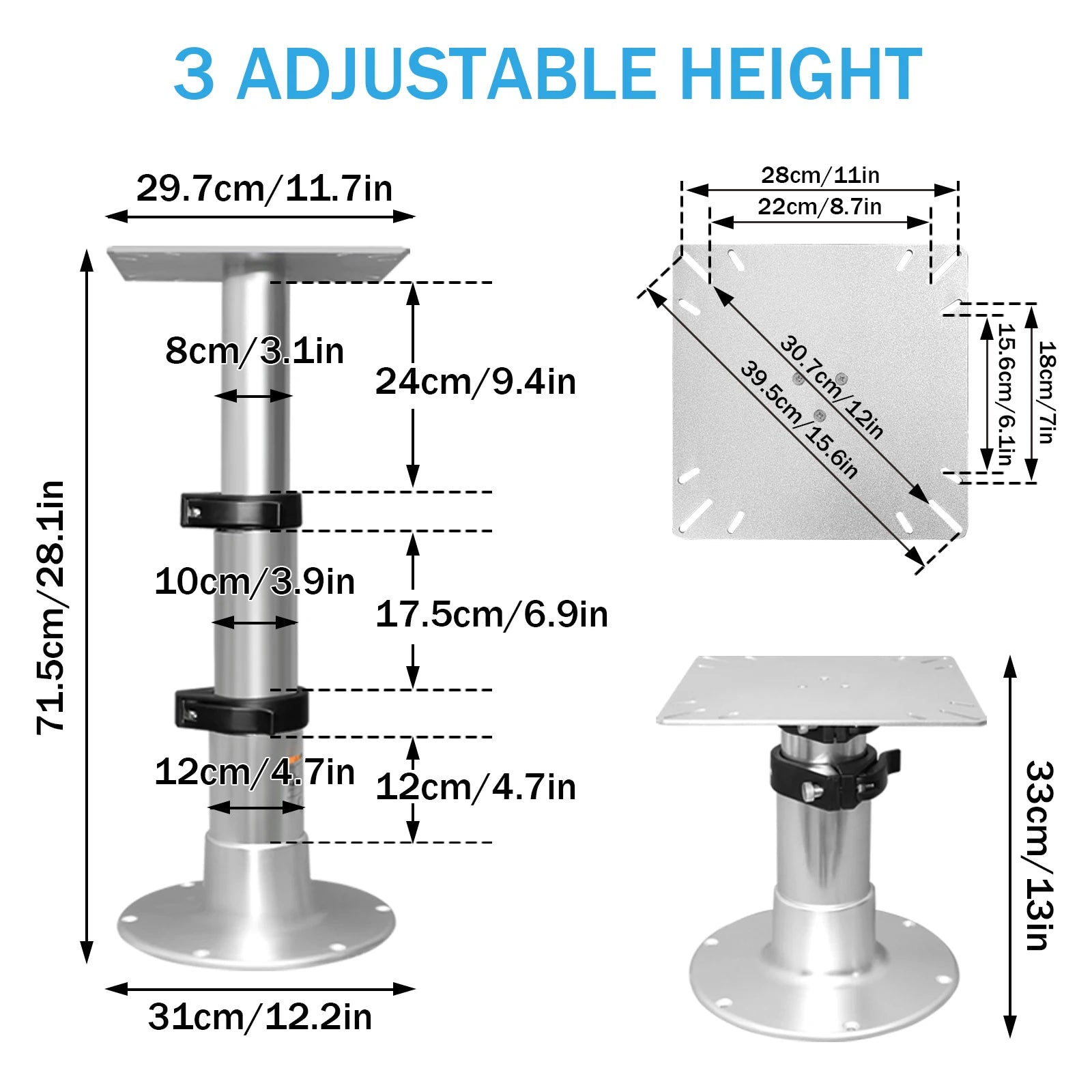 Pied de table pneumatique 3 niveaux – Hauteur réglable pour bateau