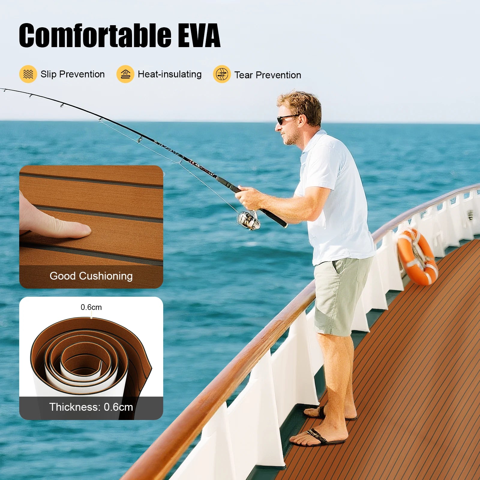 Tapis de Pont EVA Antidérapant 240×90 cm – 6 mm, Autocollant, Découpable, Imitation Teck