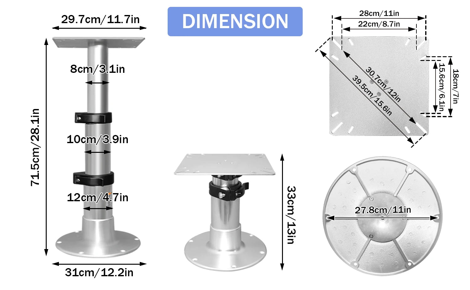 Pied de table pneumatique 3 niveaux – Hauteur réglable pour bateau